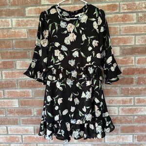 Avec Les Filles Floral Ruffle A Line Dress Women’s 6 Black Flared Sleeves